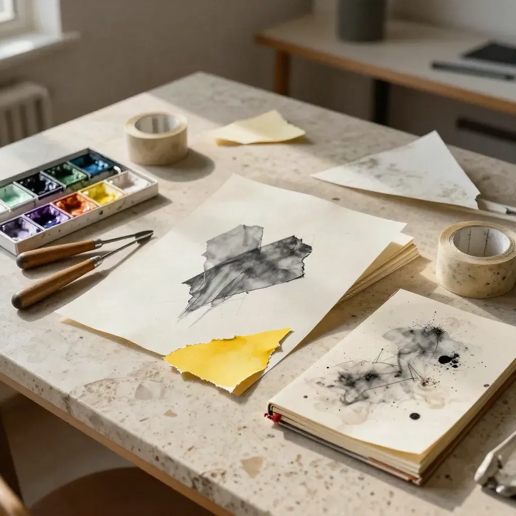 Creatieve workshopspullen op travertin: verf, papier, tape en schetsboeken.