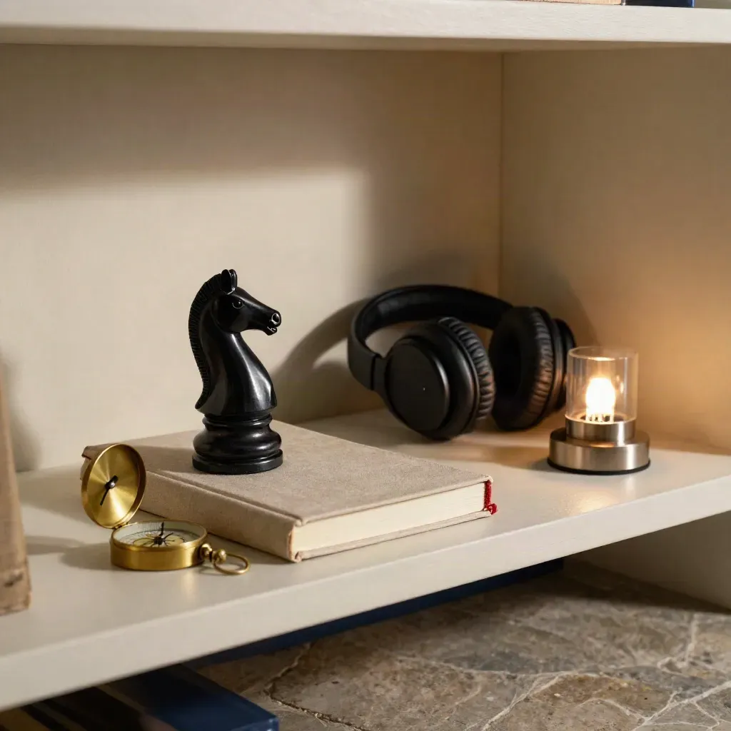 Denkhoek met gesloten notebook, schaakpaardje, kompas, koptelefoon en lamp op een lichte plank.