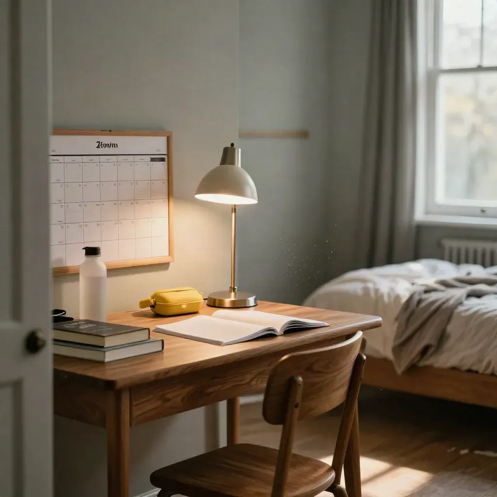 Rustige studiehoek met lamp, waterfles en oefenblad in warm avondlicht.