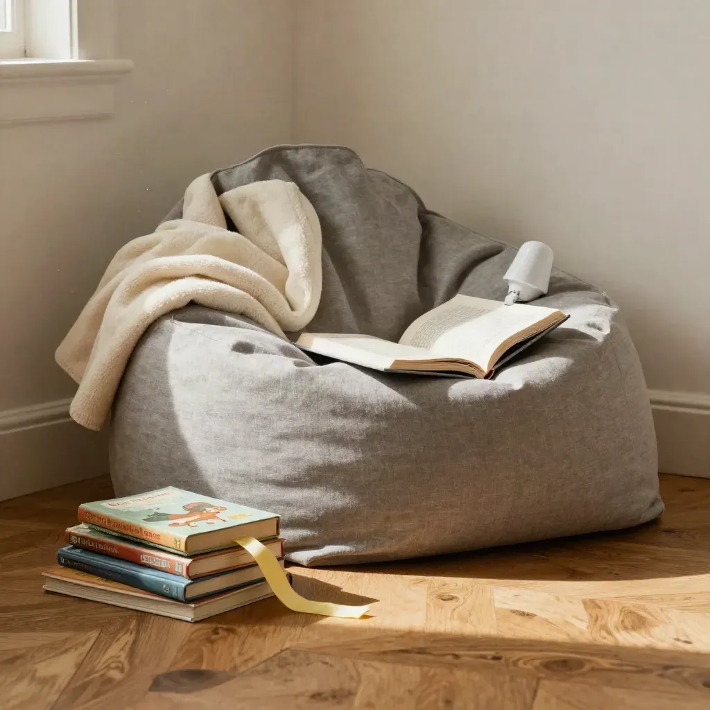 Leeshoekje met beanbag, boekenstapel en zacht leeslampje in warm daglicht.