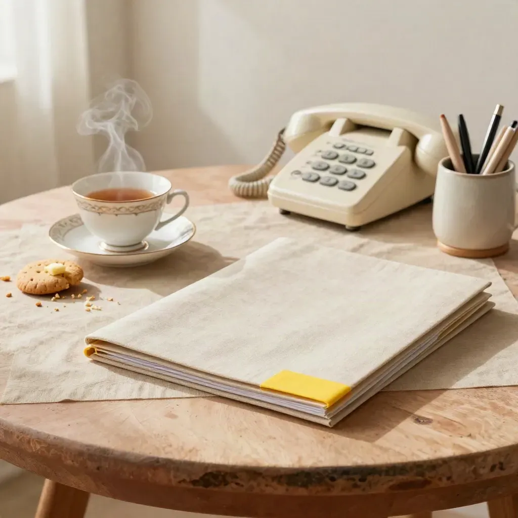 Tea, folders en telefoon op linnen voor een rustig oudergesprek.