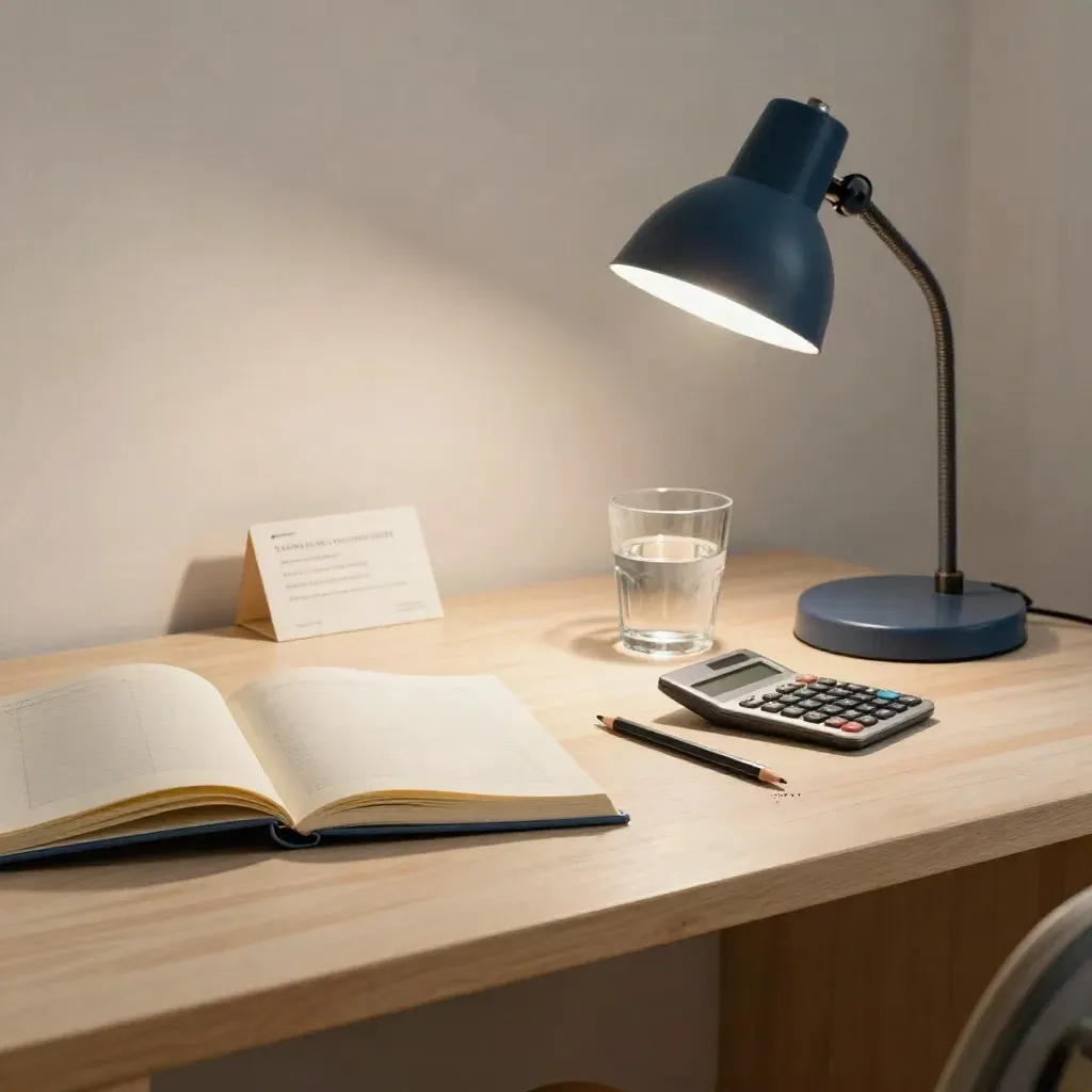 Open werkboek, potlood, rekenmachine, glas water en lamp op een lichte studiebalie.