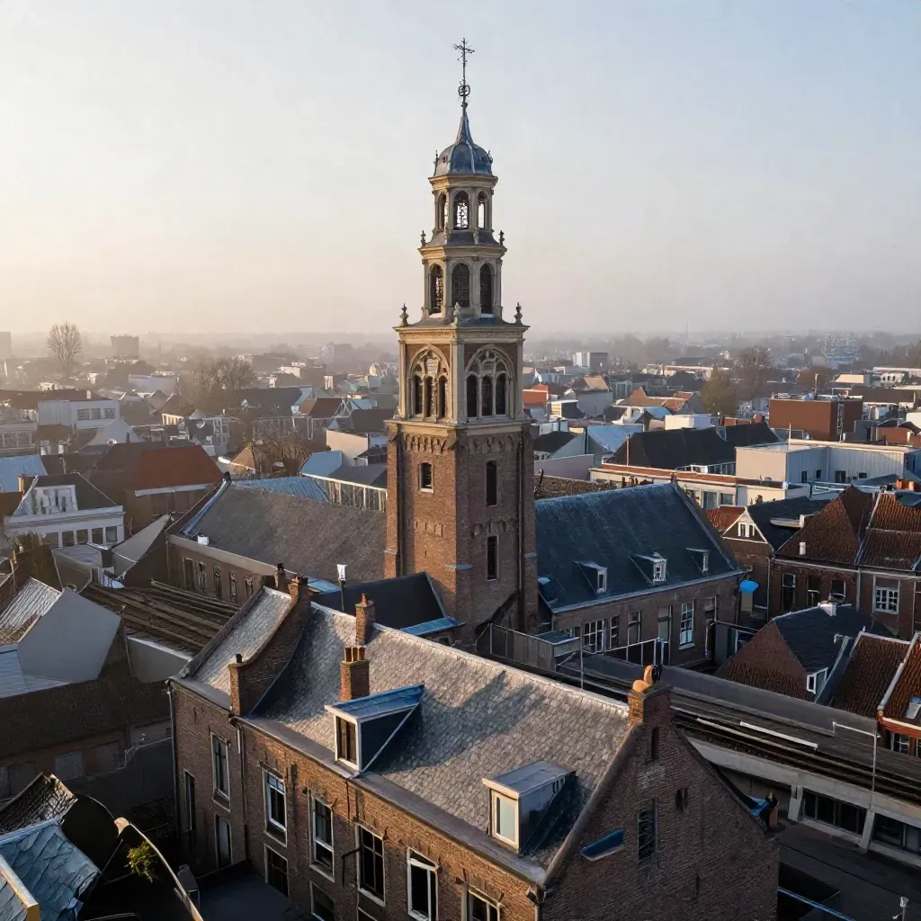 Domtoren boven Utrechtse daken in vroege mist, met rustig spoor onderin.