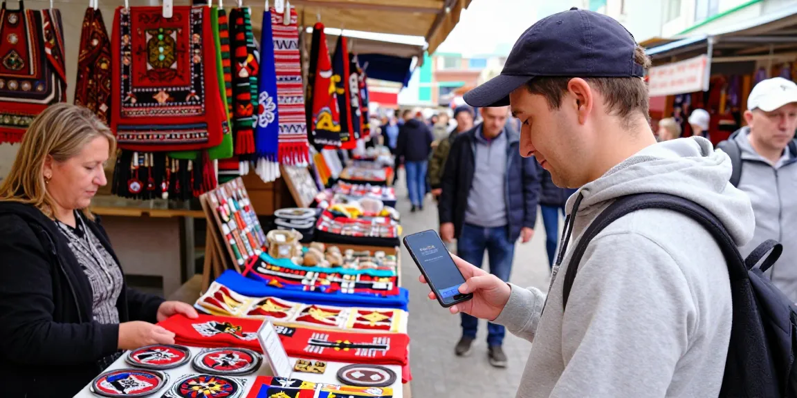 Een reiziger die in Rusland met een smartphone van https://payinrussia.com/ lokaal betaalt in een levendige markt vol handgemaakte artikelen.